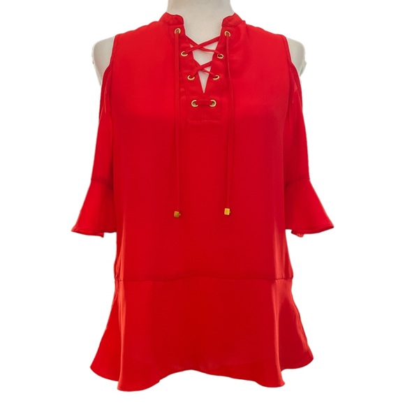 MICHAEL MICHAEL KORS Cold-Shoulder Top Dark Persimmon - Medium Petite NWOT - Picture 3 of 4